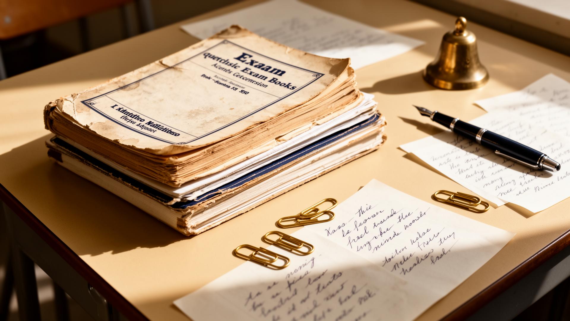 Stack of exam booklets and study notes on a sunlit desk